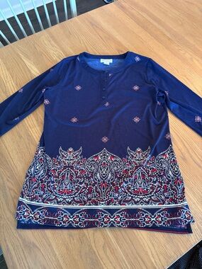 Navy Blue Long-Sleeve Henley Top with Red & White Paisley Trim